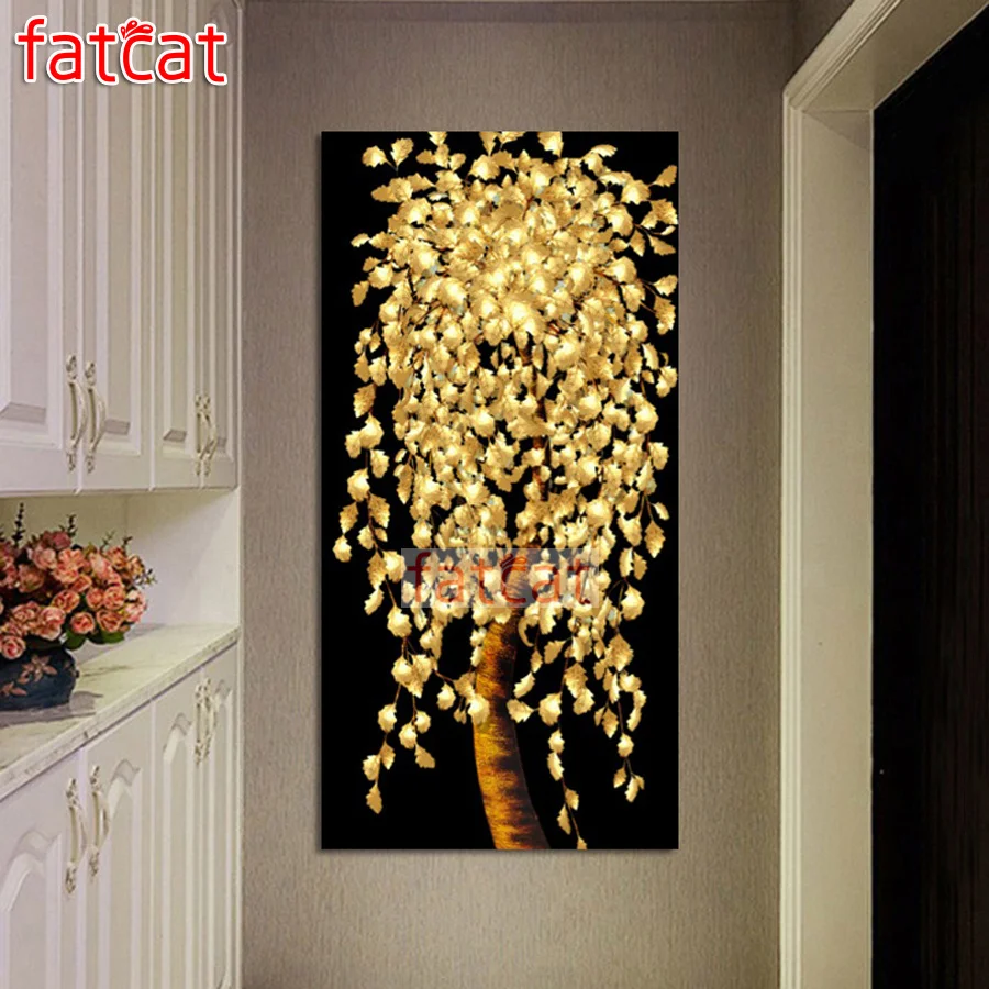 

FATCAT большая Алмазная картина «сделай сам», золотое дерево, квадратная круглая дрель, 5d алмазная вышивка, мозаика, пейзаж AE1131