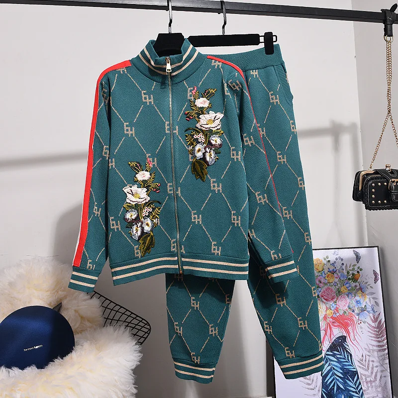 

Early Autumn New Women's Embroidery Flower Contrast Knitting Cardigan Sweater Coat Casual Pants Two Piece Suit