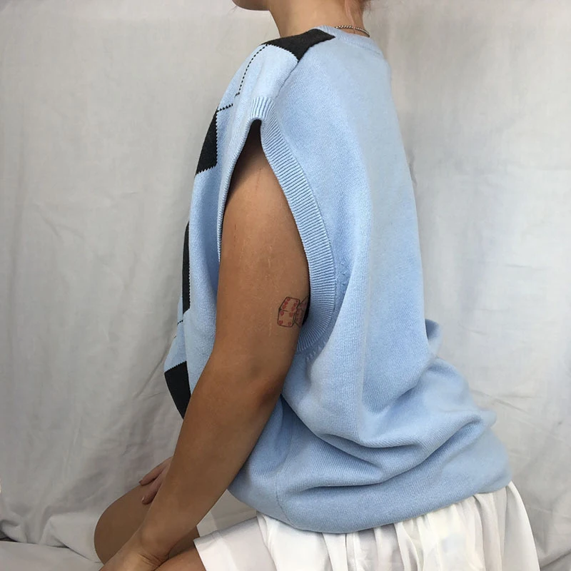 

Argyle Plaid Knitted Oversize Sweater Vest Women Preppy Style Clothes Vintage Ladies Casual Sweater Knitwear Top 2021 Autumn