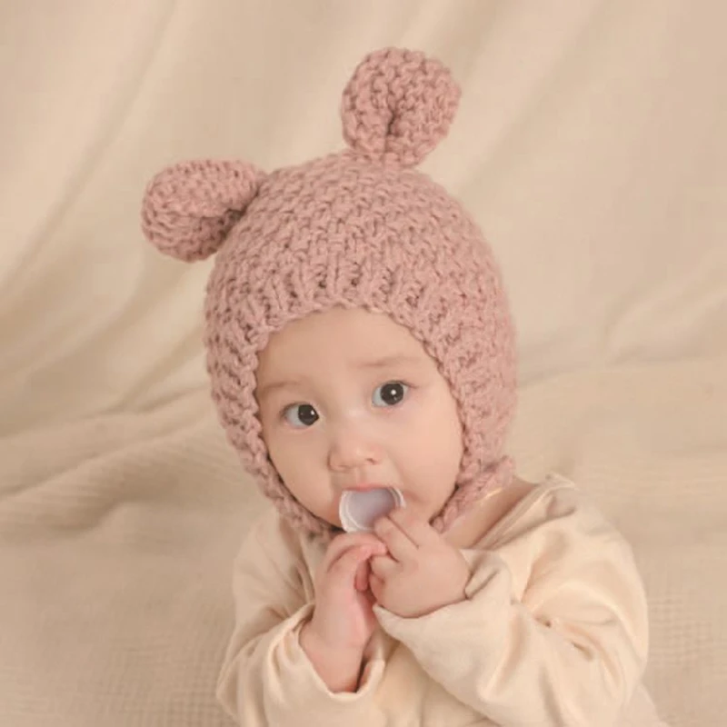 

Winter Warm Baby Beanie Cap Ear Protection Knitted Solid Color Hat for Kid Child