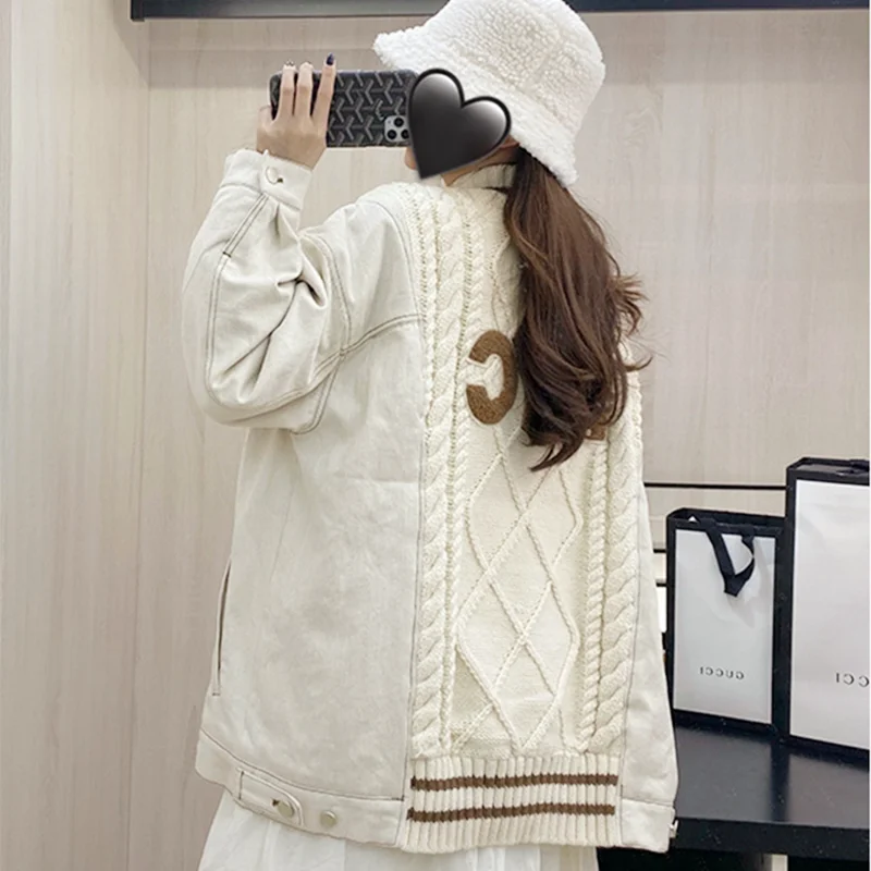 Женский Короткий трикотажный джинсовый свитер однобортная винтажная куртка с