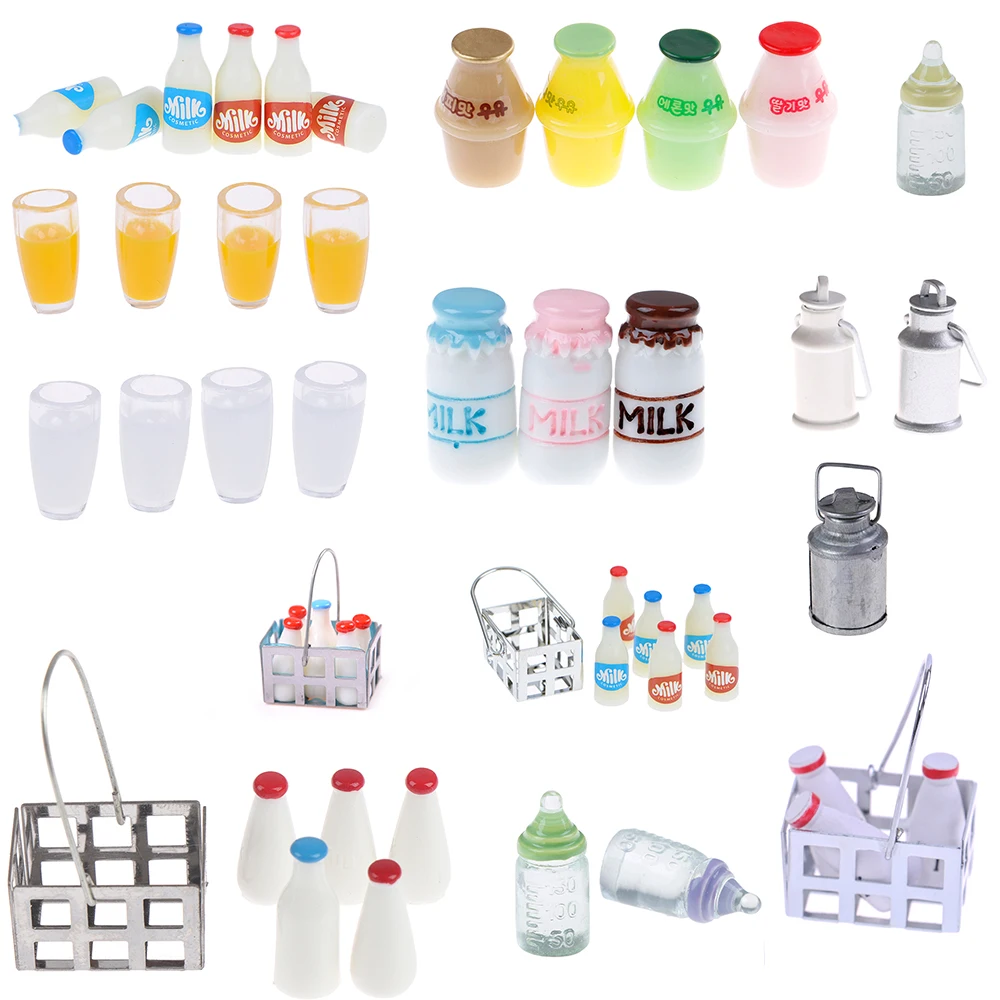 

1/12 Dollhouse Miniature Milk Rack Basket Jug with Lid Bottle Kitchen Accessories Furniture Decor Baby DIY Toys 1/2/3/4/5/6/7Pcs