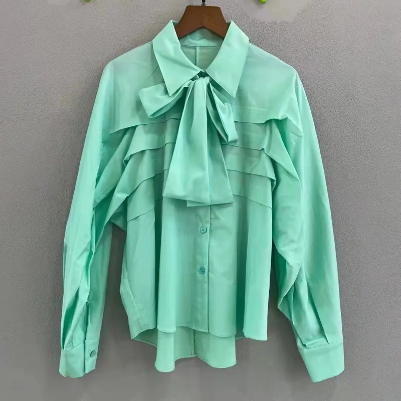 New Arrival Cotton Shirts 2022 Spring Summer Fashion Women Turn-down Collar Bow Deco Pleated Sexy Asymmetrical Shirt Green White