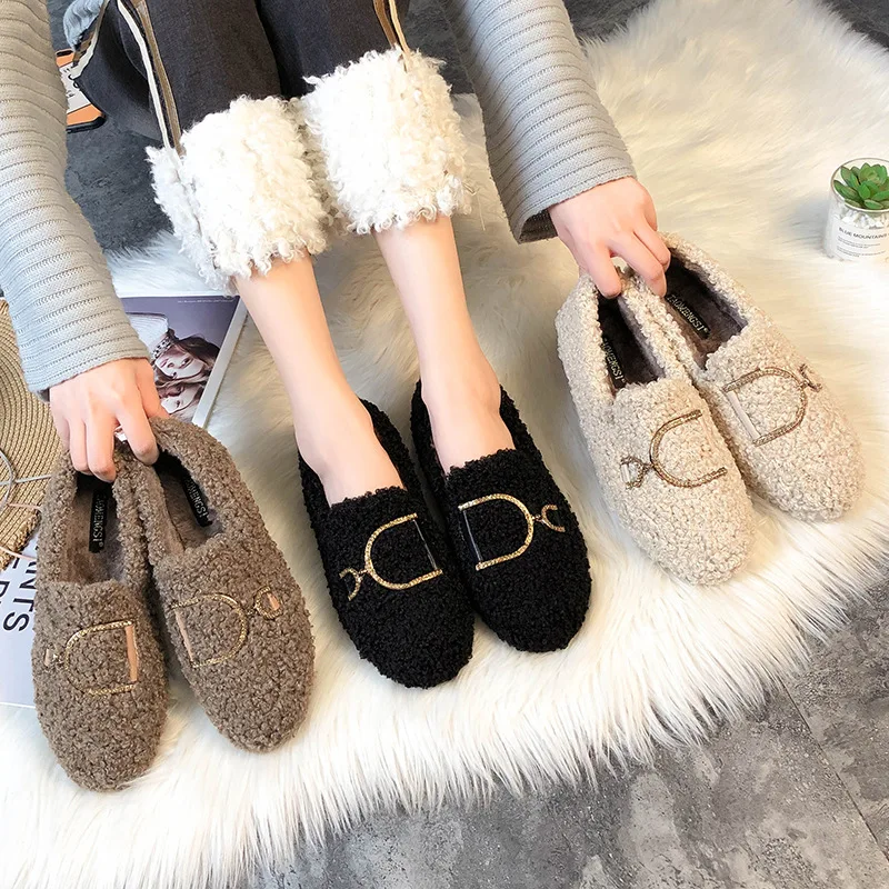 

Net Red Ins Hairy Women Plus Velvet Thick-soled Beanie All-match Lamb Hair Women's Shoes