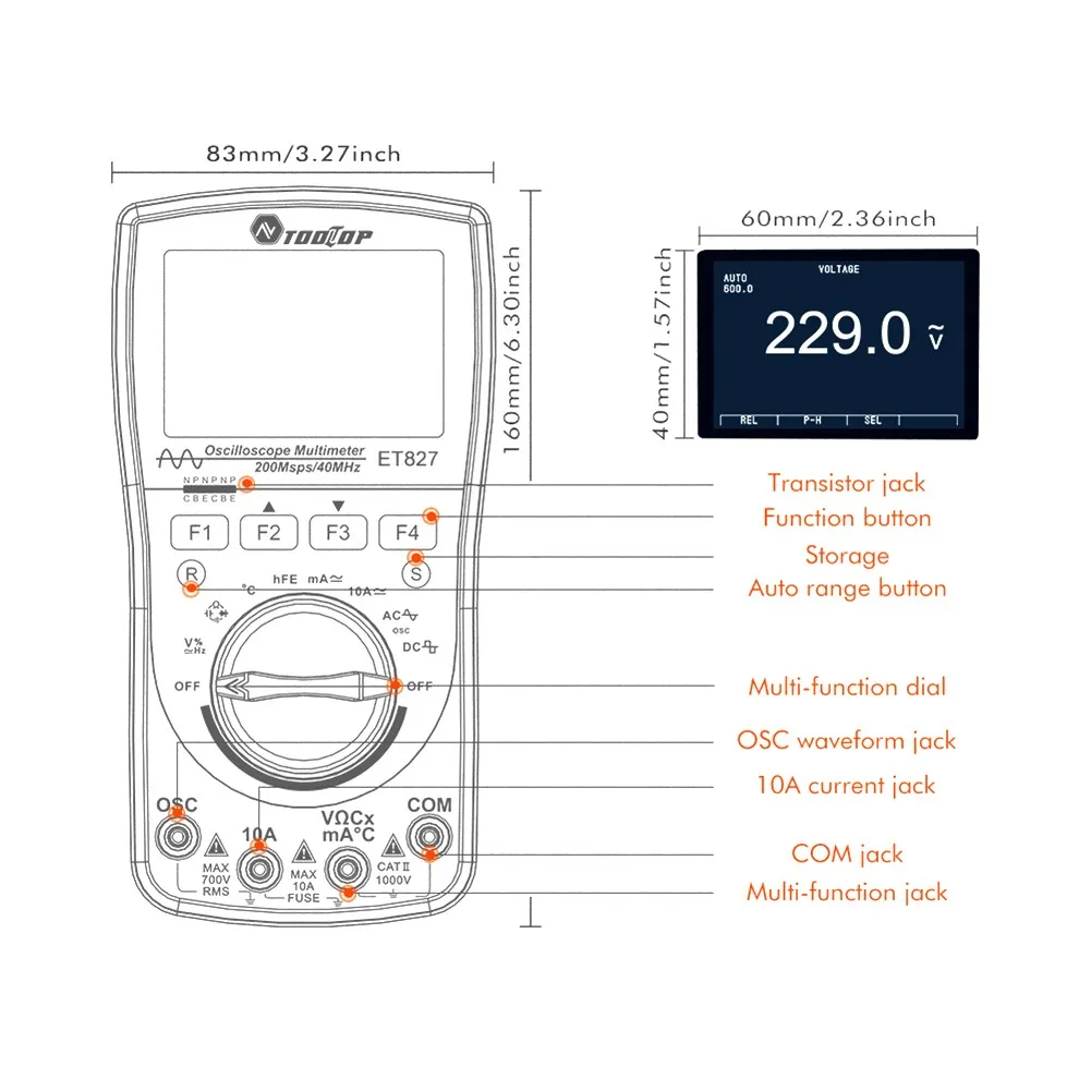 

Oscilloscope Multimeter Combo TOOLTOP ET827 200MS/S Sampling Rate 40MHZ Bandwidth