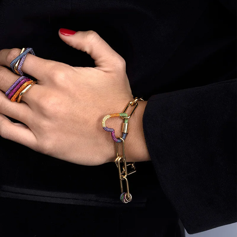 Новый женский браслет цепочка с застежкой в виде радужного сердца позолоченный