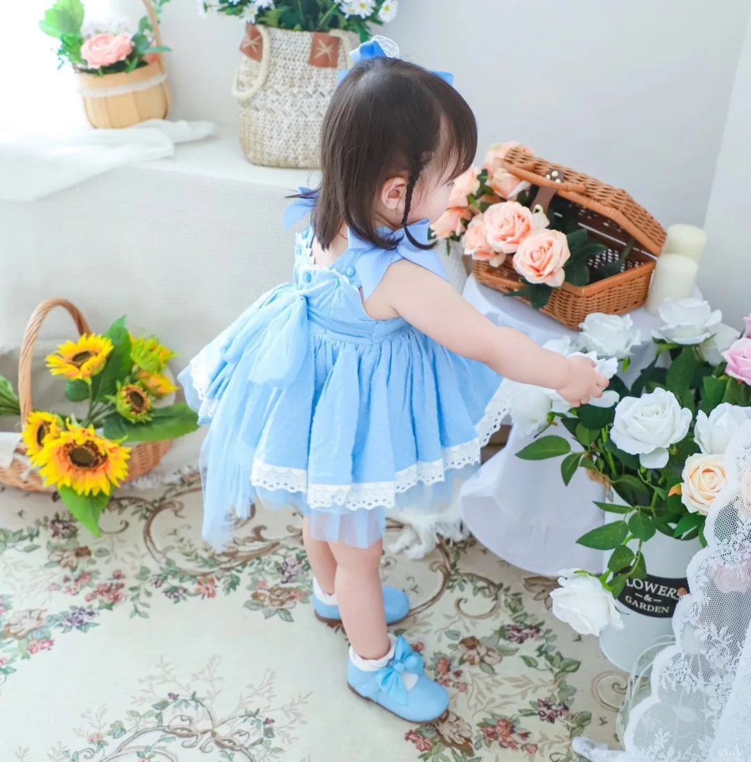 

Baby Girl Summer Blue Rabbit Vintage Spanish Turkish Lolita Princess Ball Gown Dress for Birthday Easter Eid