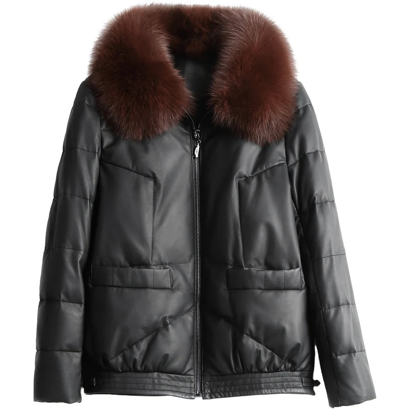 

Haining leather coat down jacket women's short 2020 winter warm fox fur collar Sheepskin Fur Coat