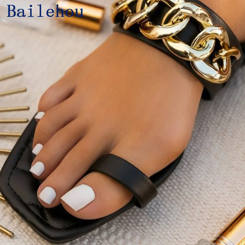 

Women Slippers Women Summer Flip-Flops Women Casual Flip Flops Slippers For Home Female Metal Chain Flats Summer New 2021 Slides