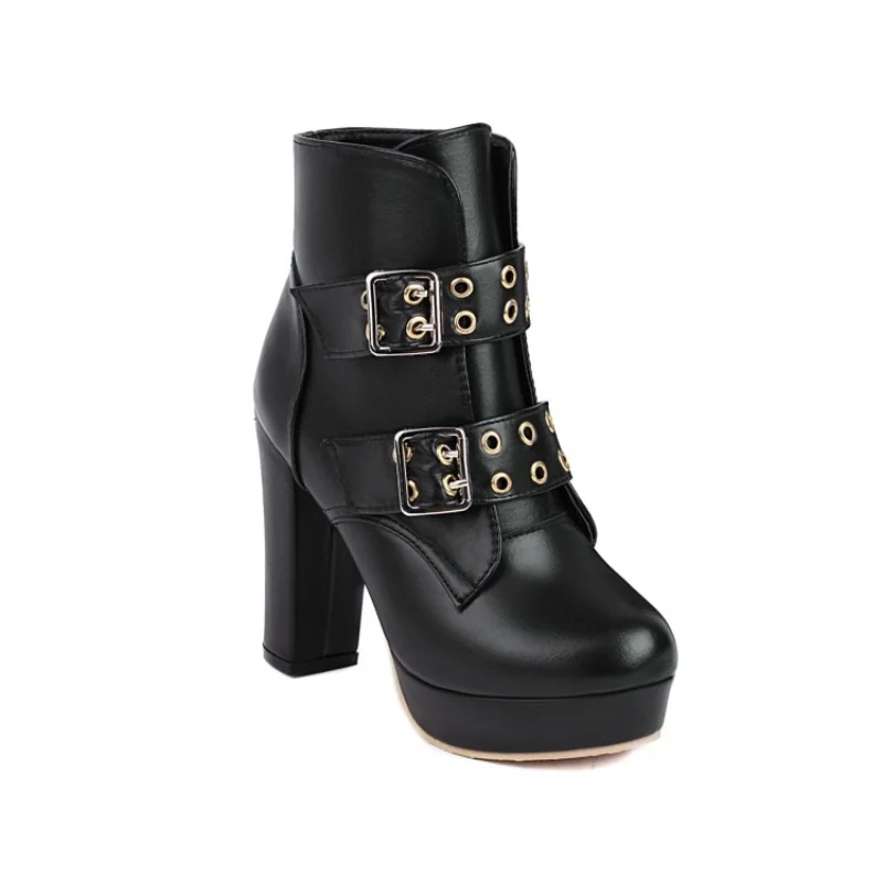 

N22Womens Boots Autumn Winter New Style Punk Round Head Metal Decoration High Thick with Buckle Women's Large Size Fashion Short