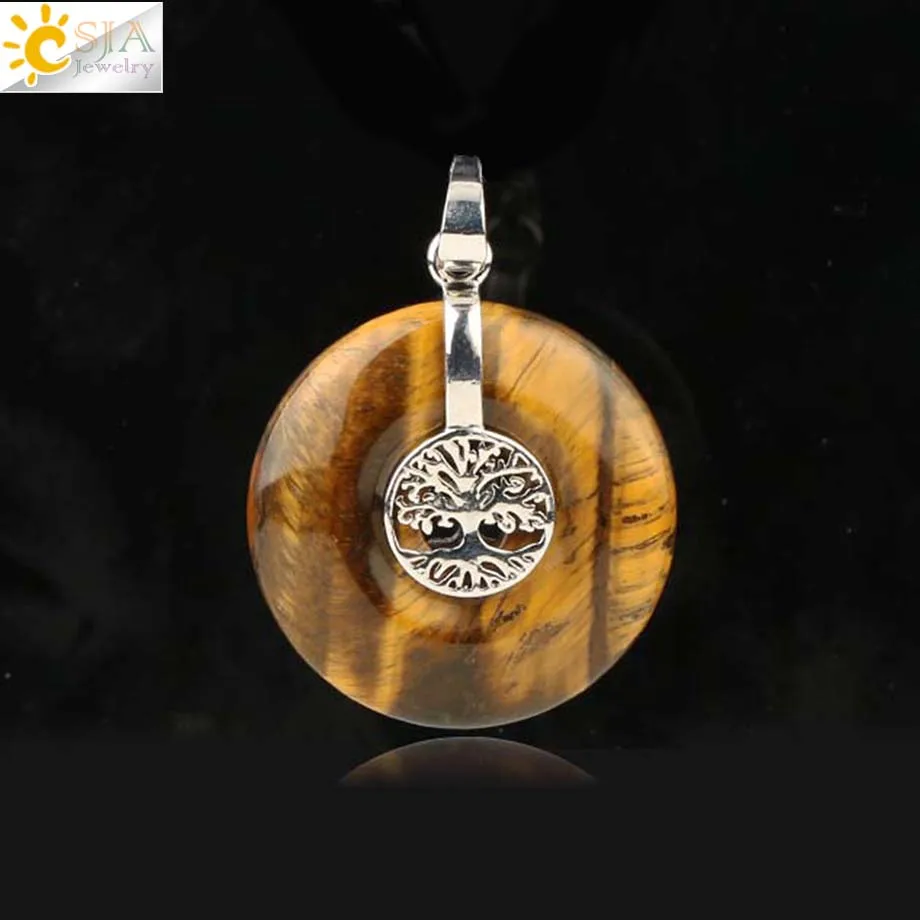 Tiger Eye Csja Древо жизни Подвески натуральный кристалл полый круглый камень «reiki» энергии мудрость деревья Для женщин Для мужчин Подвески Ожерелья G146 - Окраска металла: Tiger Eye