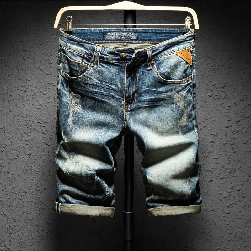 

EL BARCO Summer Cotton Vintage Blue Men Shorts Jeans Ripped Holes Hip Hop Knee-Length Male Denim Pants Soft Slim Casual Trousers
