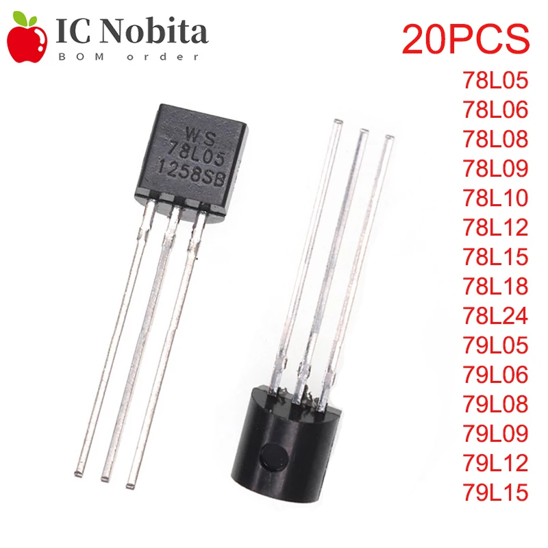 

20PCS Voltage Regulator Triodes 78L05 78L06 78L08 78L09 78L10 78L12 78L15 78L18 78L24 79L05 79L06 79L08 79L09 79L12 79L15 TO92