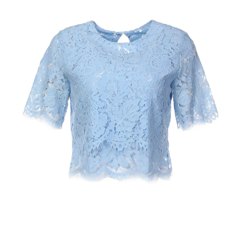 

Woman Shirts Solid Lace Sexy Slim Sheath Comfortable Female Shirts Autumn Hot Sale Hollow Out Crop Top O-neck