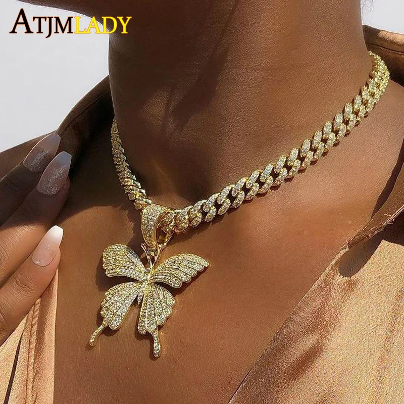 

2021 Iced out sparking cz 5mm tennis chain and 9mm cuban link chain cz Butterfly pendant necklace hiphop cool rock women jewelry