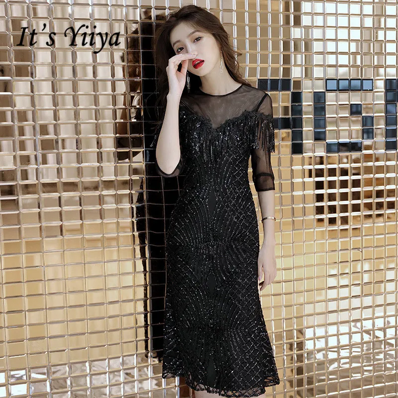 Женское вечернее платье It's Yiiya черное с блестками и круглым вырезом на лето