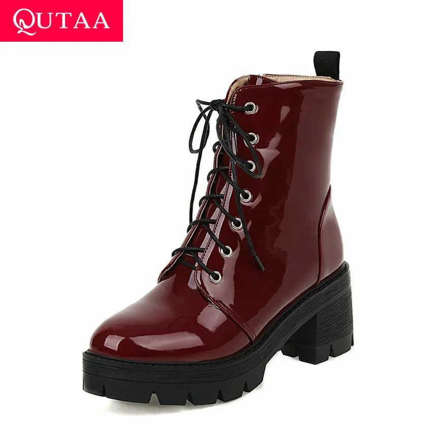 

QUTAA 2021 Platform Lace Up Zipper Ankle Boots Square High Heel Round Toe Short Boots Cow Patent Leather Women Shoes Size 34-42