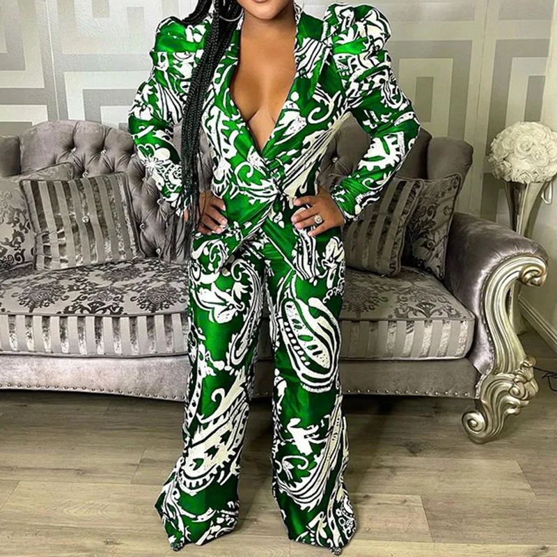

Fall 2021 new fashion printed casual two-piece suit loose V-neck long-sleeved shirt and trousers ladies suit