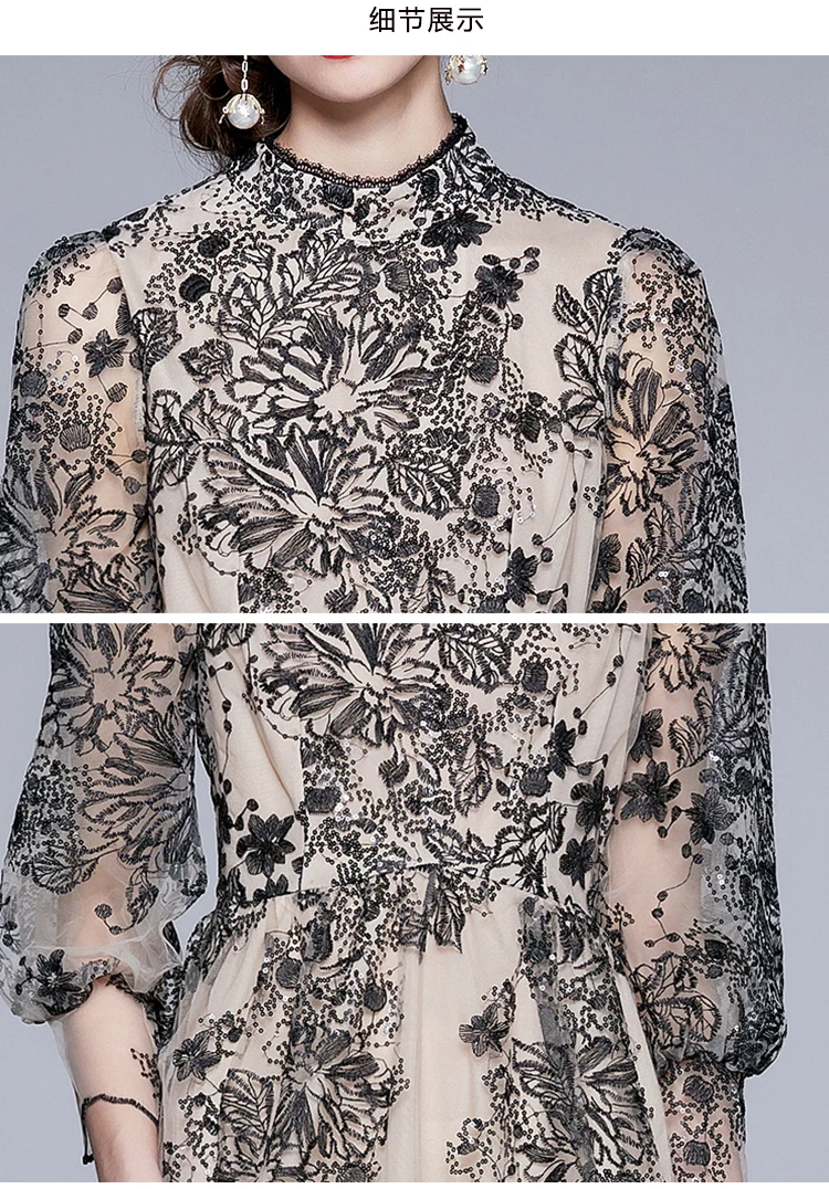 

Summer 2021 New Fashion Vintage Round Neck Zipper Embroidered Beading Party Mid-Length Print Patchwork High Waist Mesh Dress