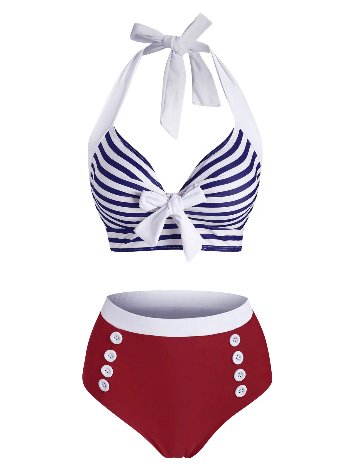 

Wipalo Striped Halter Button Embellished Tied Tankini Sets Wire Free Swimwear Women Summer High Waist Bathing Suit Biquini 2XL