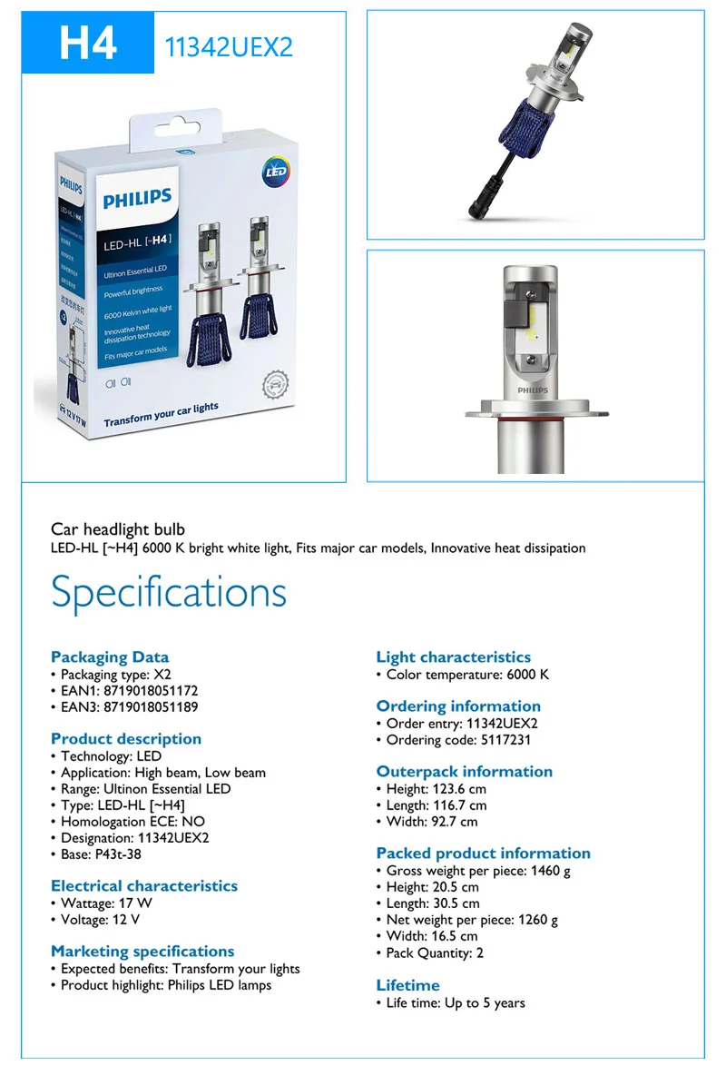 Philips Ultinon Эфирное светодиодный H4 H7 9003 светодиодный автомобиль Hi/короче спереди и длиннее сзади) луч 6000 К яркий белый светильник Авто головного средства ухода за кожей Шеи светильник H8 H11 H16 9005 9006 HB3 HB4