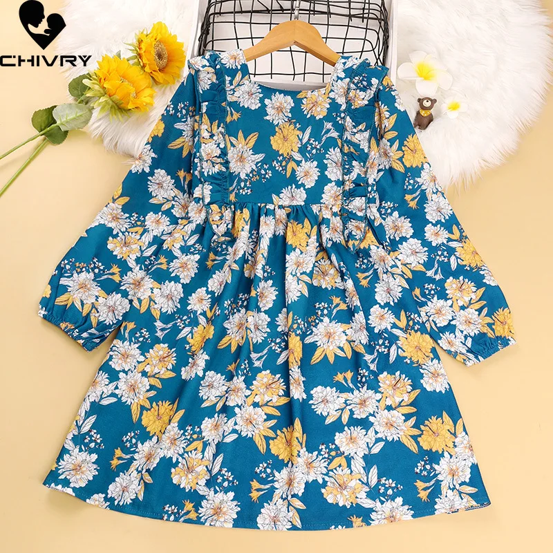 

Spring Autumn 2022 Girls Dresses Kids Baby Girls Long Sleeve O-Neck Floral Print A-line Dress Fashion Princess Dresses