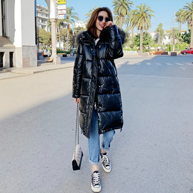 2019 зимняя женская куртка теплое утолщенное длинное пальто из блестящей ткани