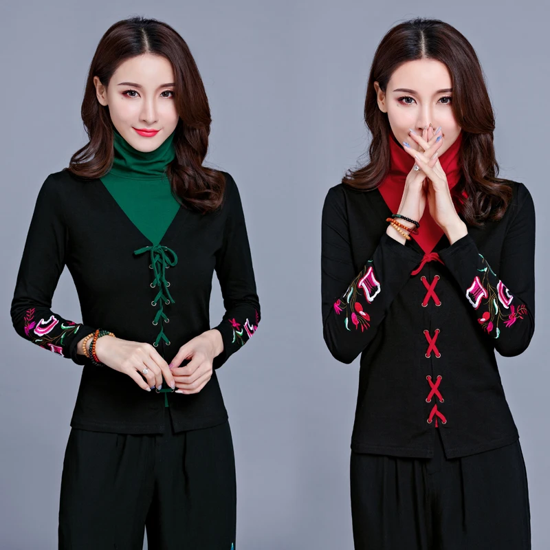 

Fake-Two-Pieces Chinese Style Embroidery T Shirt Women Autumn Spring Woman Clothes Vintage T-shirt Top Tee Indie Folk