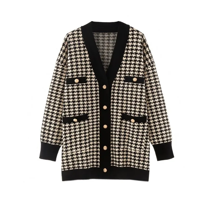 

Female Knitted Shirt Black Houndstooth Sweaters Long Sleeve Women Fashion Casual Loose Cardigan Sweater Autumn Winter Ropa Muje