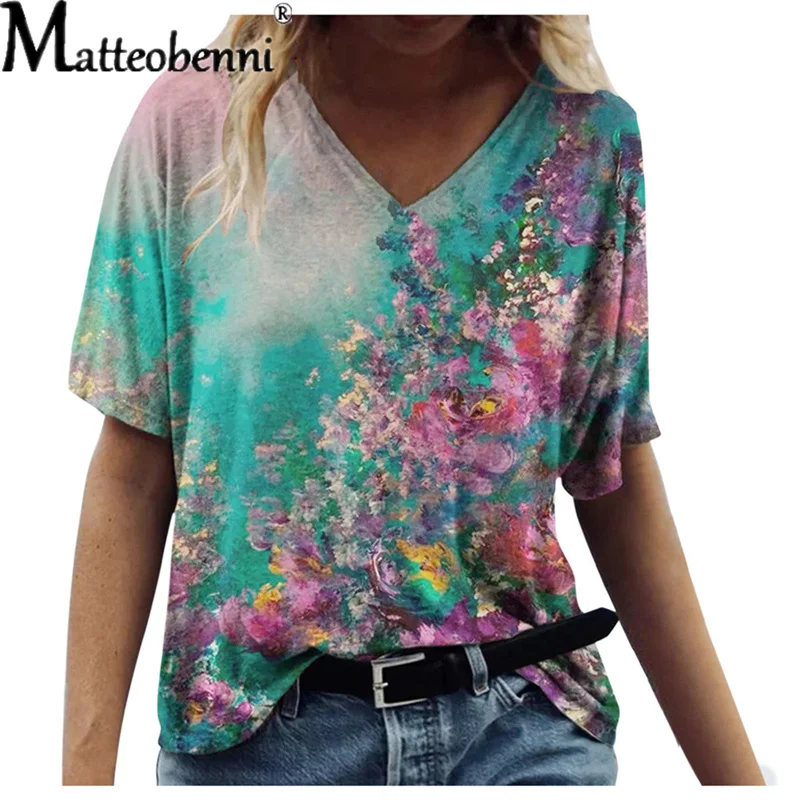 

Tie Dye 3D Floral Print Women T Shirts Casual Short Sleeve Loose Plus Size Tops Fashion Street Ladies V-Neck Summer Tee 2021 New