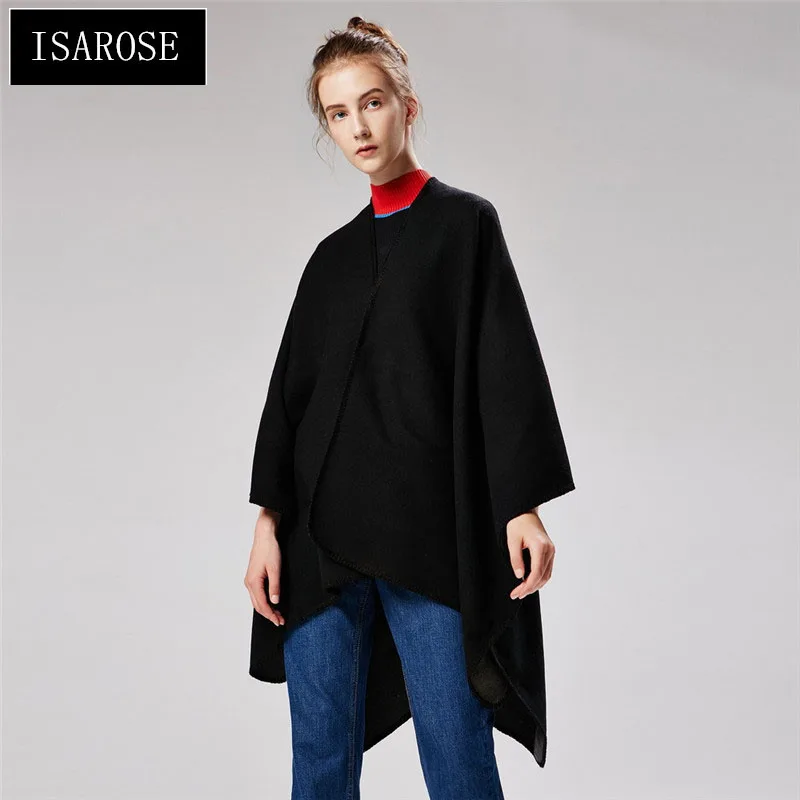 

ISAROSE Cashmere Poncho Shawl Women Classic Solid Color Cardigan Coat Capes Windproof Warm Keeping for Spring Autumn Wearing