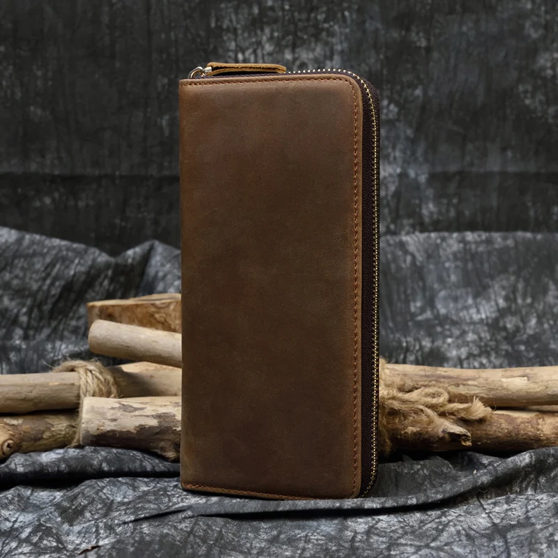 Men's crazy horse Leather long wallet Zip around genuine leather wallet Phone case purse with coin pocket 4 interlayer pocket
