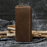 mens crazy horse leather long wallet zip around genuine leather wallet phone case purse with coin pocket 4 interlayer pocket