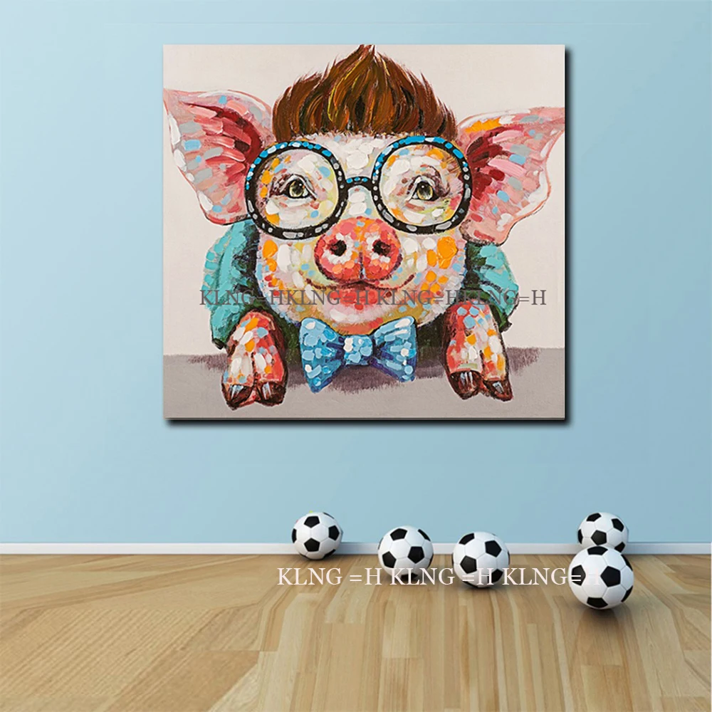 

Handpainted Modern Abstract Art Wearing Glasses Pig Oil Painting on Canvas for Home Decor Animal Painting for Kids Room