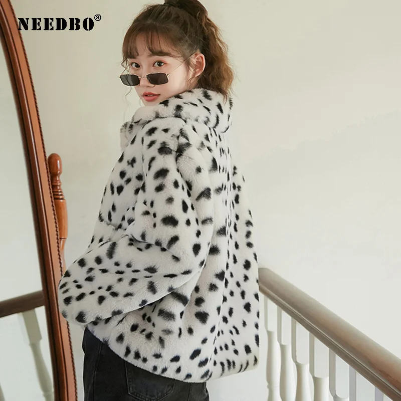 NEEDBO Faux Fur Coat Women Jacket Leopard Streetwear Warm Teddy Jacket Coat Oversize 2020 Outerwear Soft Fluffy Jacket Women