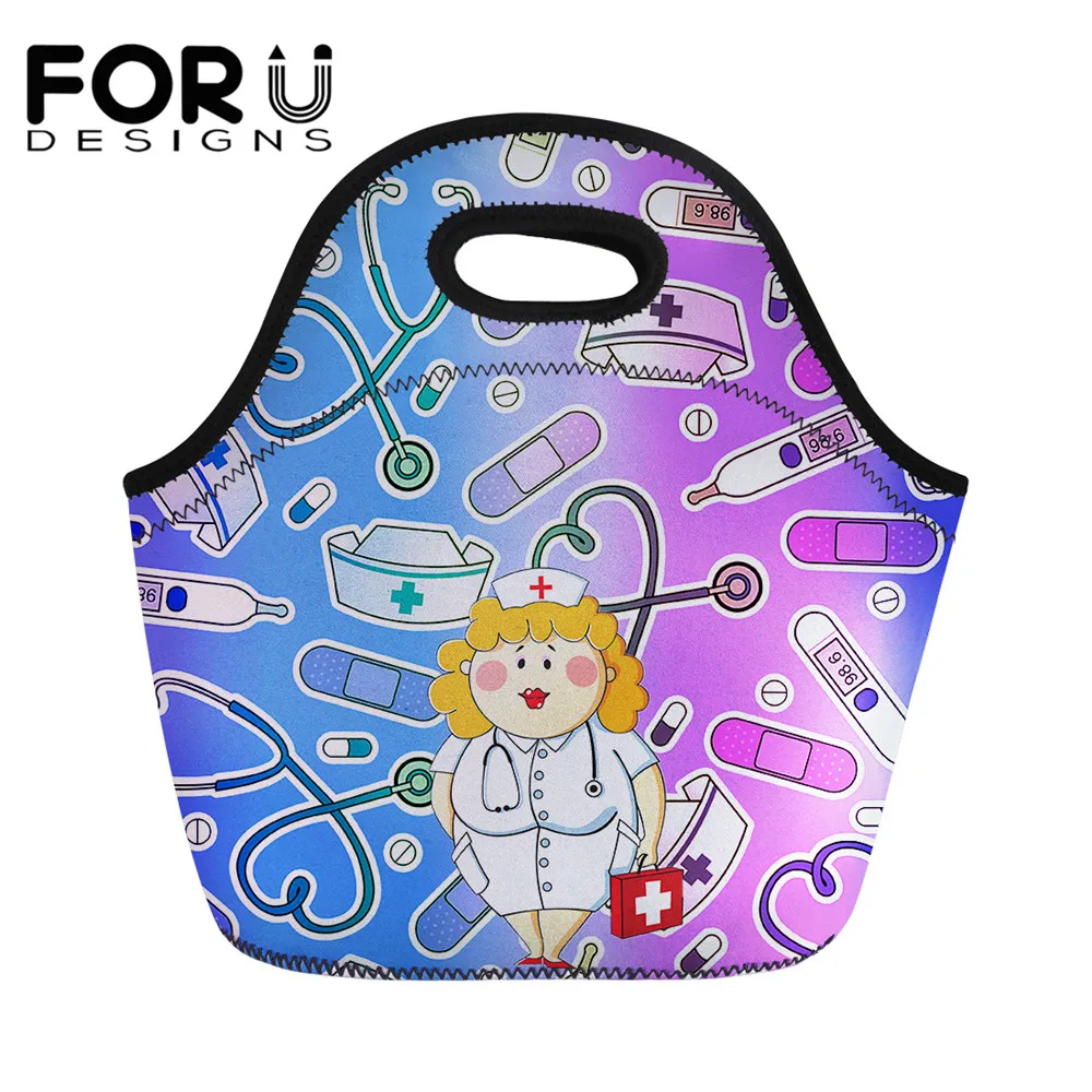 

FORUDESIGNS Insulated Lunch Bag Gradient Cartoon Nurse Girls Printed Kids Durable Bento Pouch Female Thermal Lunch Box Container