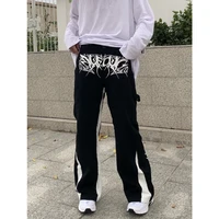 letter spine embroidery cargo pants mens high street hip hop patchwork jeans loose straight wide leg full length black denim