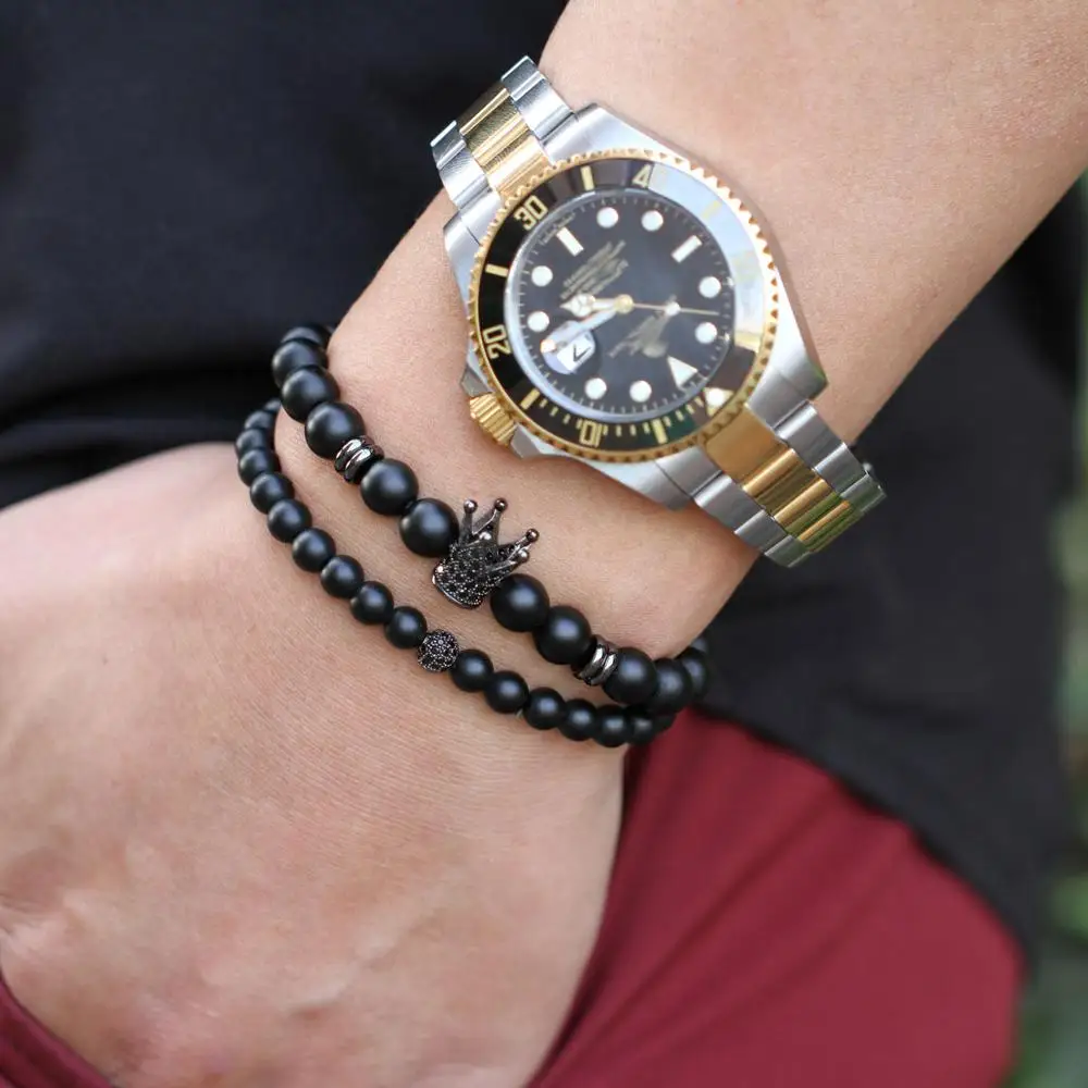 Мужской браслет с черным и белым фианитом стильный матовым камнем 2019|Плетеные