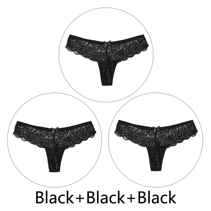 Black Black Black 3 шт., сексуальные кружевные трусики женские стринги и стринги, открытая низкая талия, нижнее белье, прозрачные танга, женское нижнее белье, дышащее - Цвет: Black Black Black