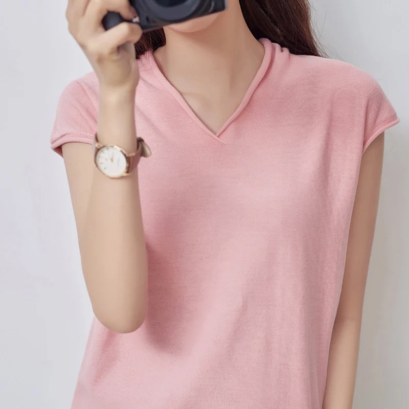 Футболка женская однотонная с V-образным вырезом Повседневная Свободная рубашка