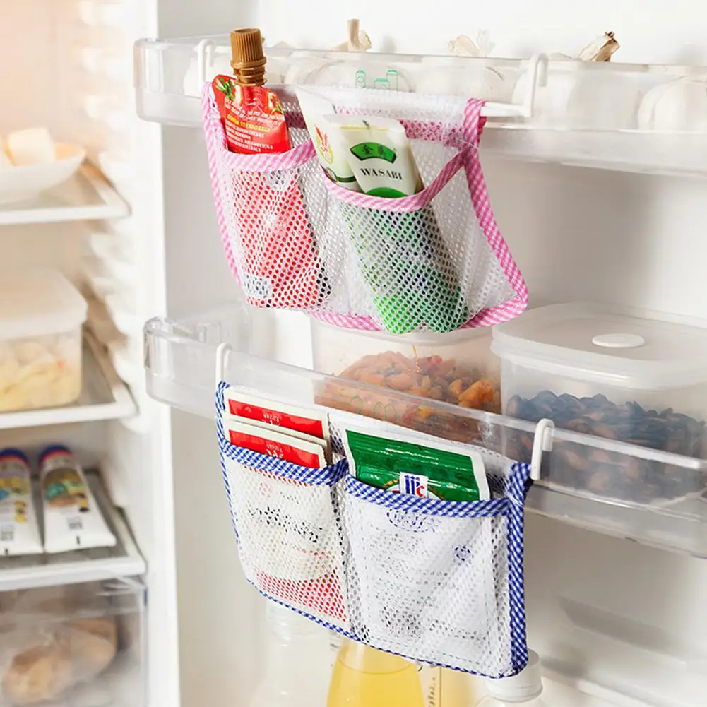 

2 Pockets Fridge Hanging Bag Food Condiment Bag Organizer Holders with 2 Hooks for Kitchen Refrigerator 22*13cm