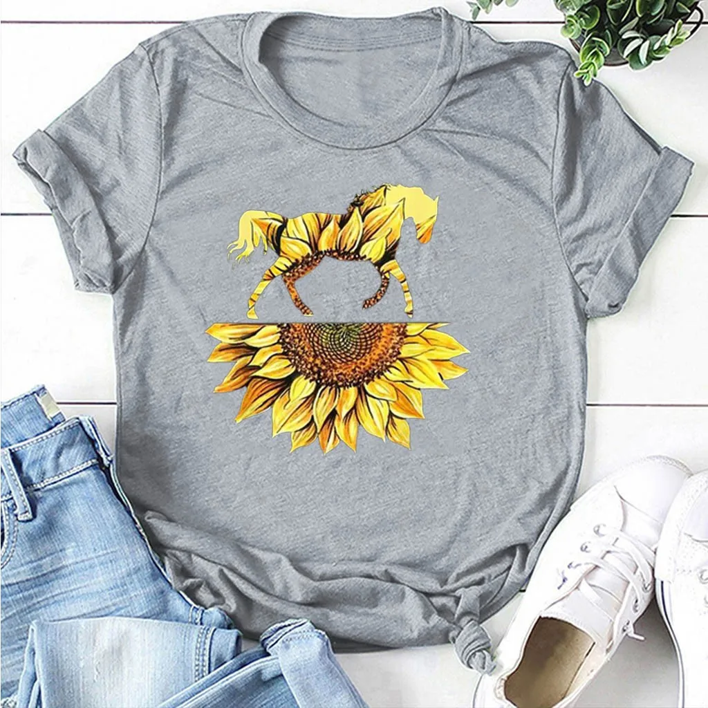 CHAMSGEND женская летняя футболка с принтом подсолнуха лошади 2020 коротким рукавом и