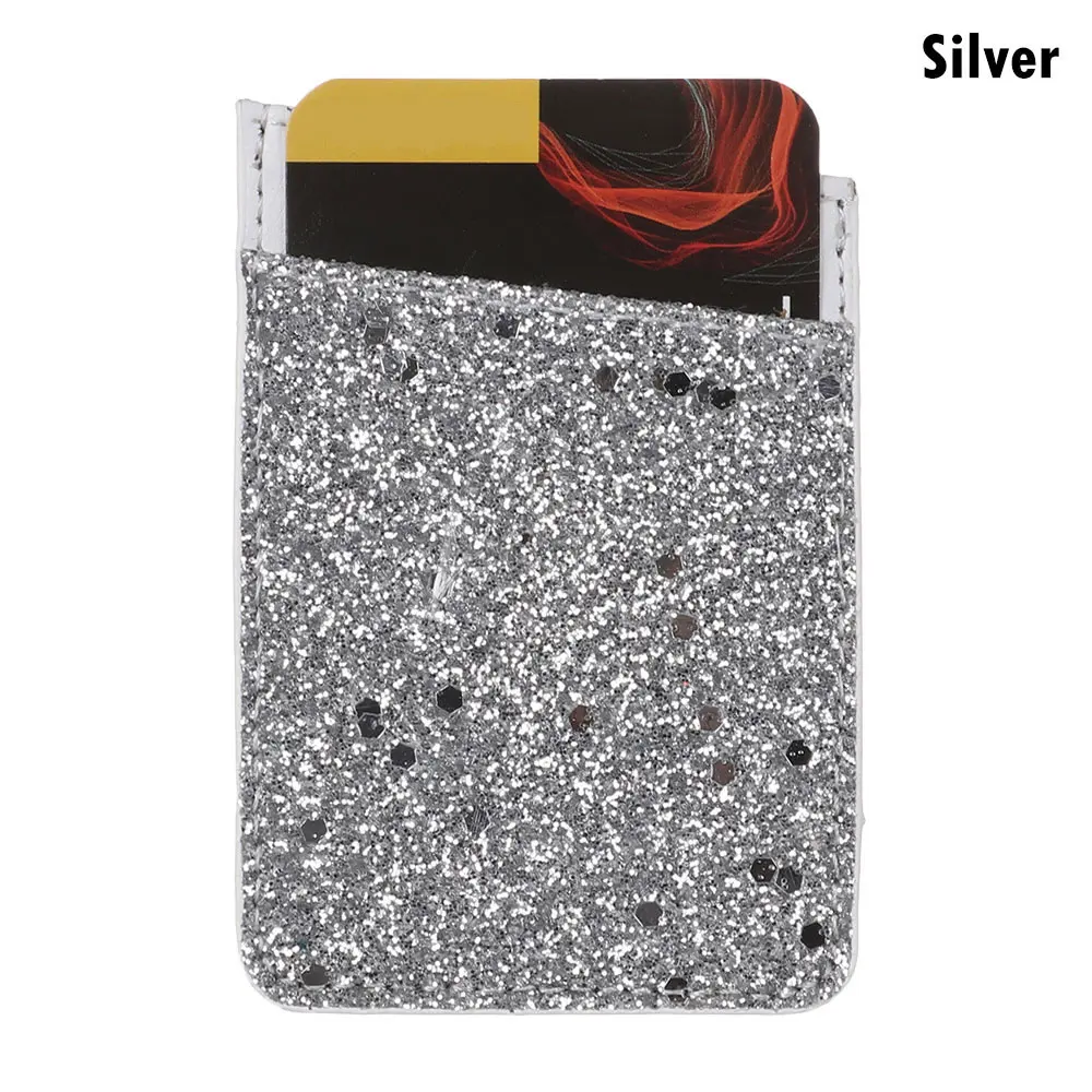 silver 1PC PU Leather Sequins Cell phone Pocket Credit Card Holder For Phone Card Holder Sticker Adhesive Pouch Wallet Case - Цвет: silver
