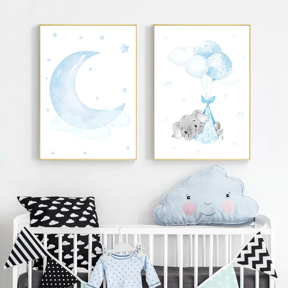 Слон луна воздушный шар холст плакат для детской стены искусство живопись синий
