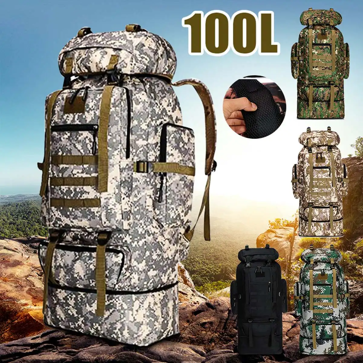 

2022 New 100L Large Capacity Military Tactical Backpack Outdoor Hiking Climbing Camping Bag Camouflage Backpack Travel Rucksack
