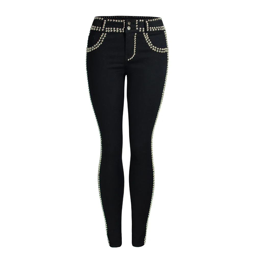 

Women Black Cotton Studded Jeans Low Waist Push Up Hip Pencil Lift Skinny Jean Trousers Plus Size High Elastic Rivet Denim Pants