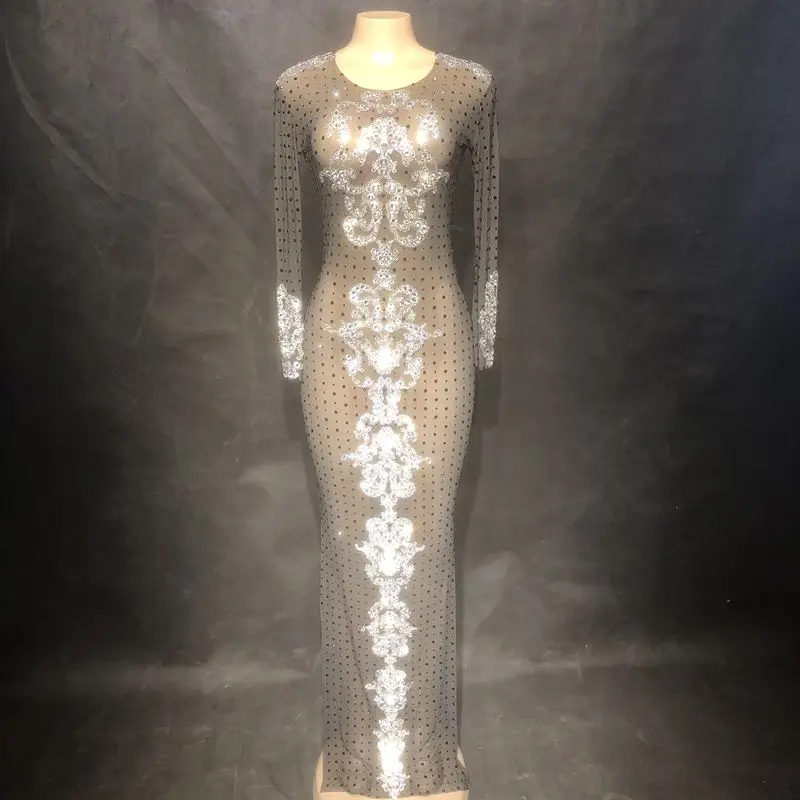 

Luxury Crystal Black Mesh Perspective Long Dress Evening Prom Party Rhinestone Dresses Birthday Celebrate Outfit Stage Costume