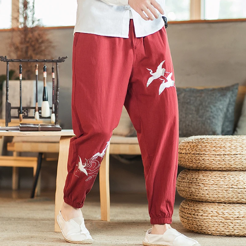 

Linen Pants For Men's Trousers Chinese Style Men's New Linen Embroidery Fairy Crane Cotton And Linen Eetro Harem Trousers 2020