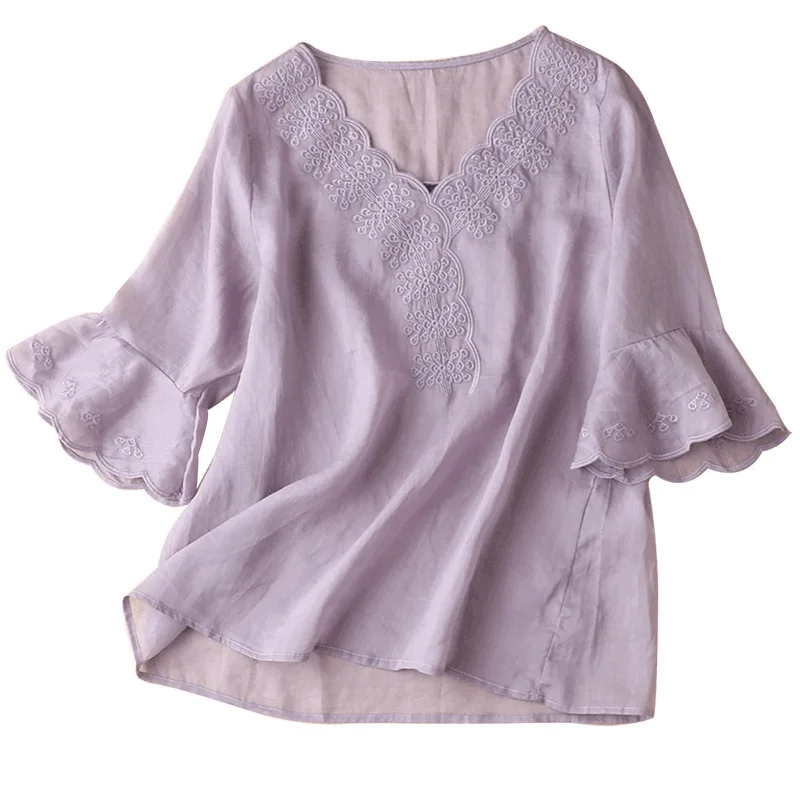 

SHUCHAN Women Blouses Vintage Flare Sleeve V-Neck Embroidery Ramie 3/4 Pullover Blusa Feminina Woman Top