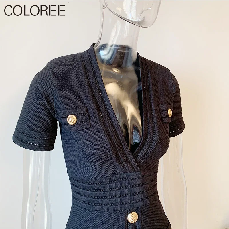 

Summer Lion Metal Buttons Knitted Mini Dress Women 2021 Sexy Deep V-neck Short Sleeve A-line Army Green/Black Sweater Dress